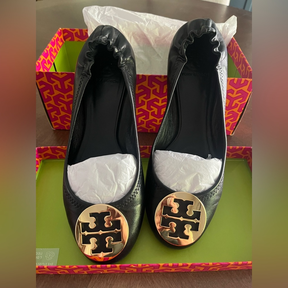 Tory Burch Reva Ballet Flats Black Leather